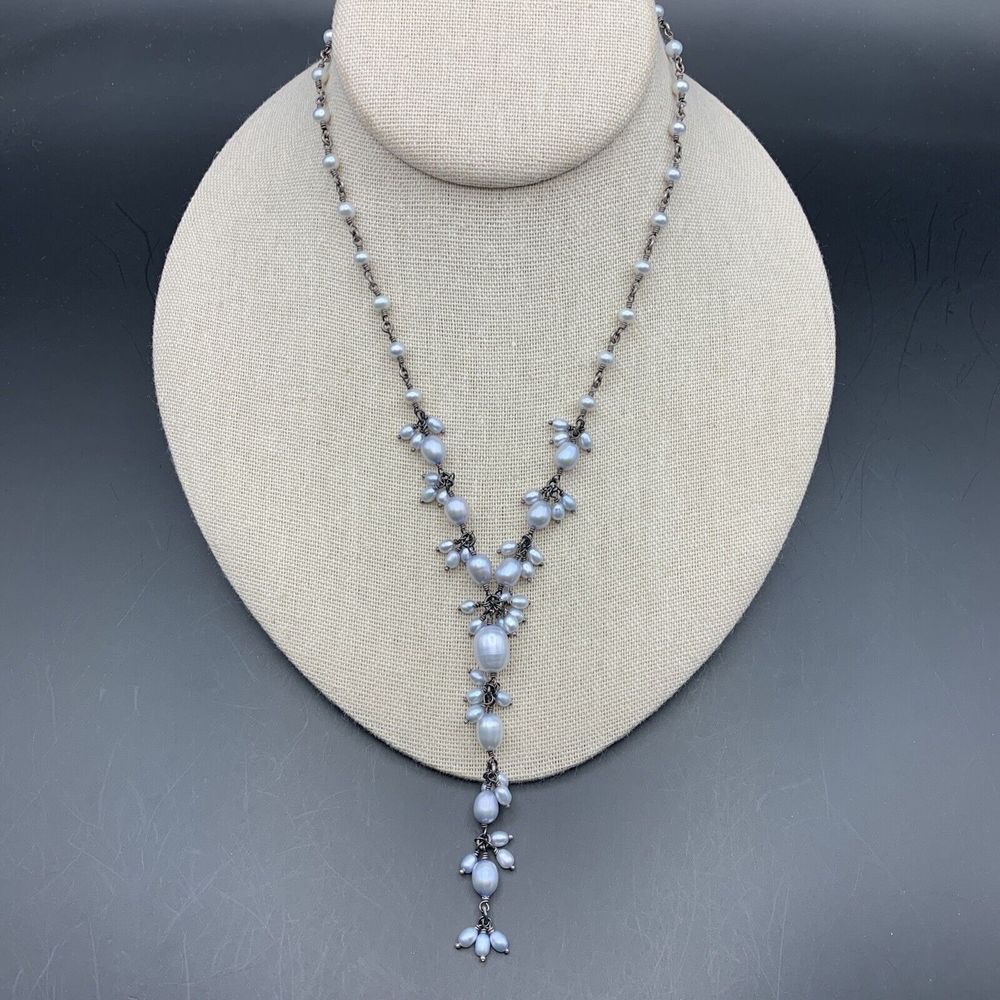 Pearl Y Drop Necklace Beaded Cluster Dangle Silver Tone